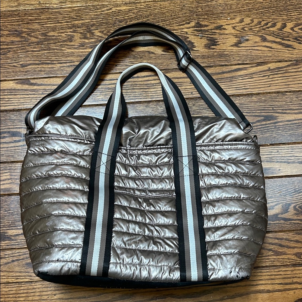 THINK ROYLN Metallic Silver Tote with Striped Straps